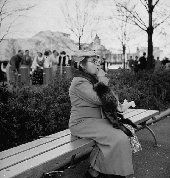 A woman sitting on a park bench at the New York World's Fair, 1939